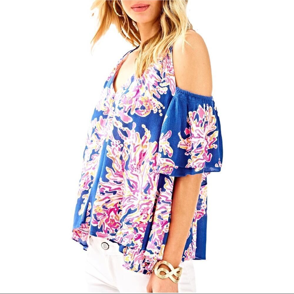 Lilly Pulitzer Bellamie Brilliant Blue Cold Shoulder Top Blouse Size XXS